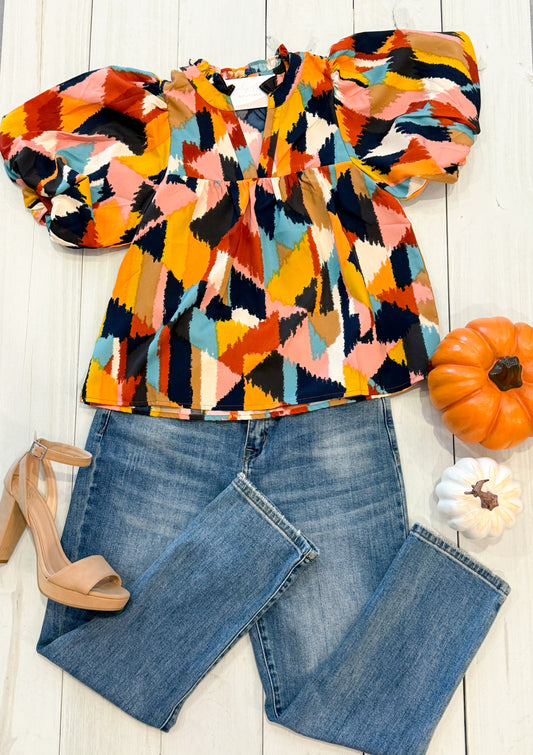 Paint Swatch Pattern Puff Sleeve Top