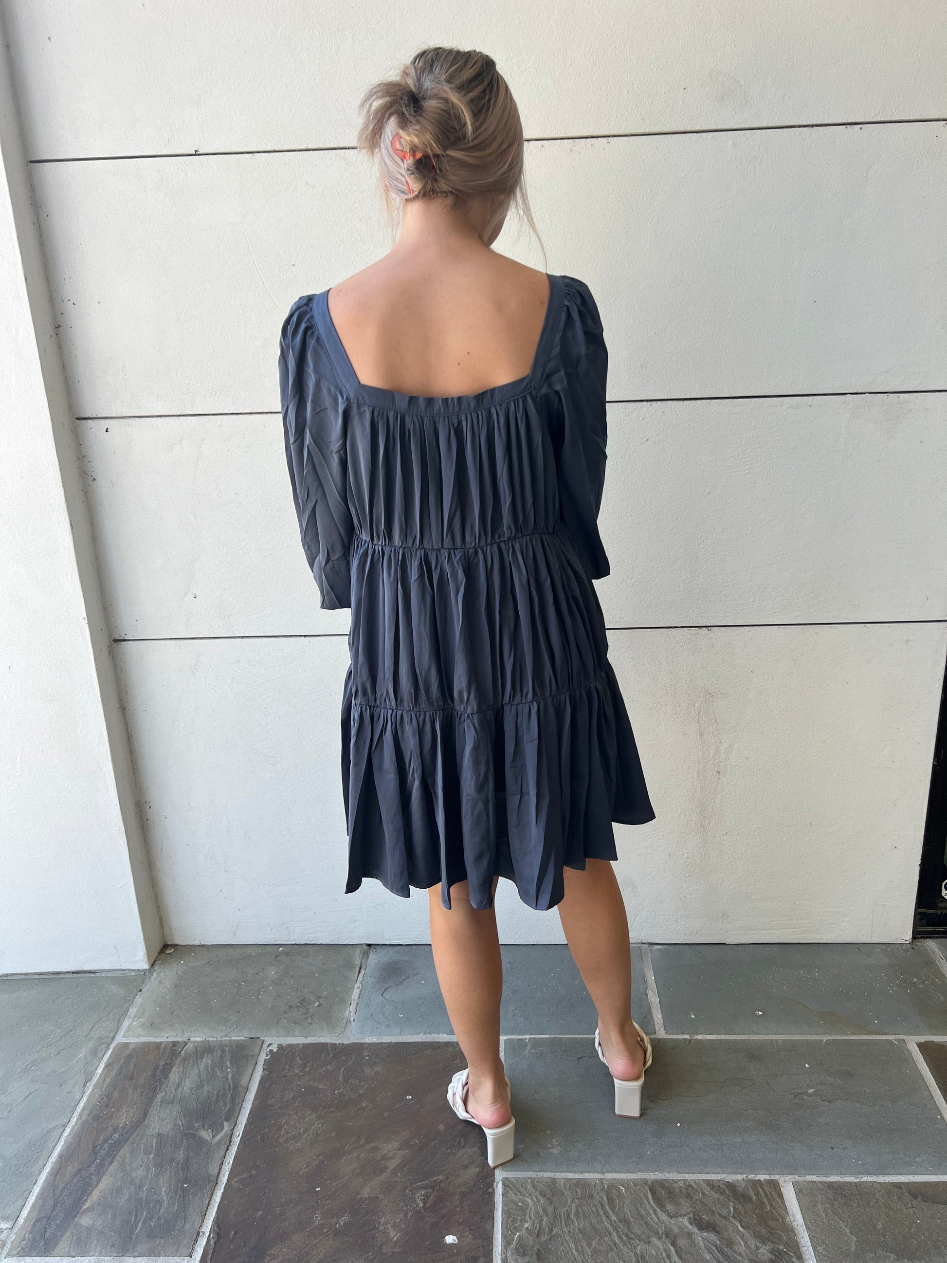 blue satin babydoll dress Bella and Bloom Boutique